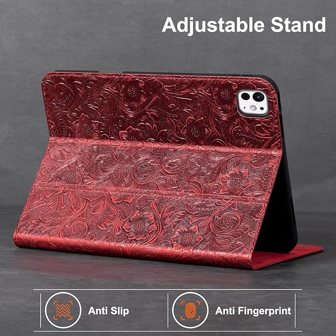 Gexmil Case for iPad Pro 11 Inch,4th/3rd/2nd/1st Generation(2022/2021/2020/2018) Genuine Leather Cover Anti Fingerprint,Cowhide Folio Cover Auto Sleep/Wake with Adjustable Stand,Floral Red