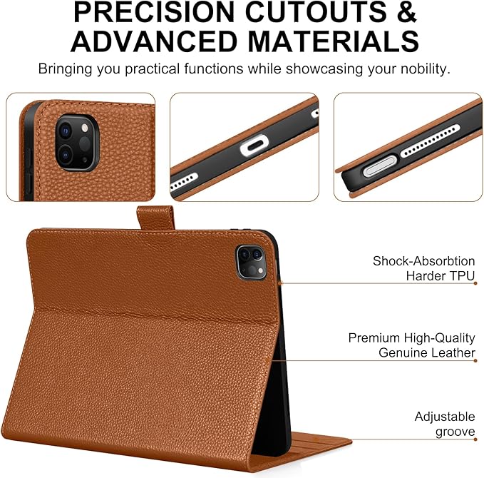 Genuine Leather Case for iPad Pro 11 Inch 4th/3rd/2nd/1st Generation 2022/2021/2020/2018 | with Pencil Holder and Adjustable Stand, Magnetic Closure, Auto Wake/Sleep Cover | Brown
