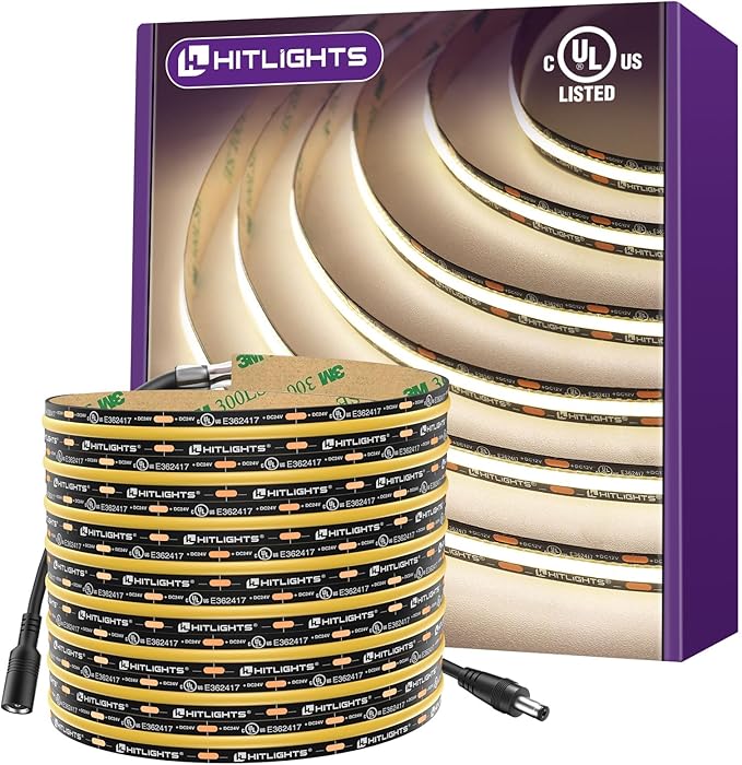 HitLights White LED Strip Lights 4000K, 16.4ft Premium 12V COB Tape Light High Density, 2400 LEDs, 305+ LM/FT, CRI 90+, IP30, Lighting for Kitchen, Cabinets, UL Listed (Power Source Not Included)