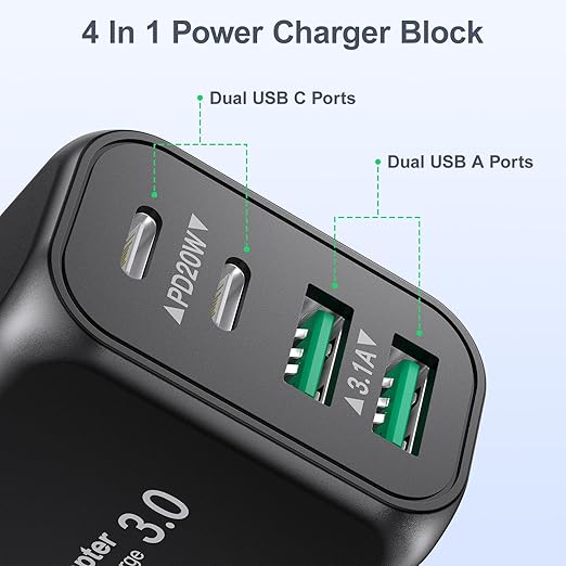 USB Charger Block, 40W 4 Port Dual QC+PD3.0 Fast Charging Block, USB C Charger Block Power Adapter Wall Plug for iPhone 15/14/13/12/11/Pro Max/XS/XR/8/7, iPad, Samsung Phone, Tablet-6FT Type C Cable