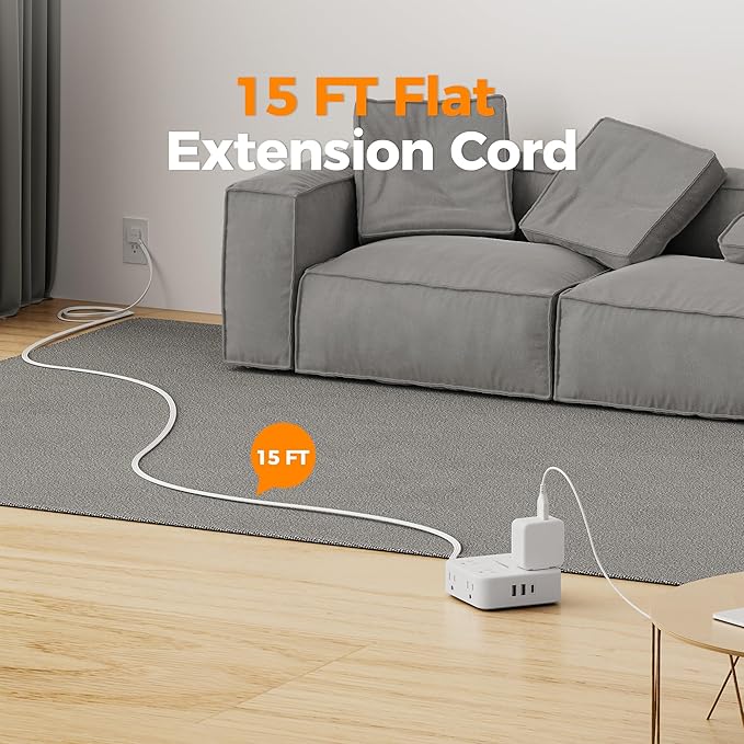 TESSAN Surge Protector Power Strip, 15 Ft Flat Plug Extension Cord with 3 USB (1 USB C) 8 Outlets, 1250W, 900J Protection, 3 Sided Outlet Extender with Power Switch for Office, Dorm Room, White