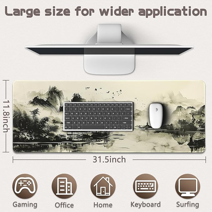 Mouse Pad Gaming - Desk Mat for Keyboard and Mouse - Japanese Large Mouse Pad for Desk, Wash Painting Mousepad (31.5 x 11.8inch) with Non-Slip Base, Desks Pad Mat for Gaming, Office and Home