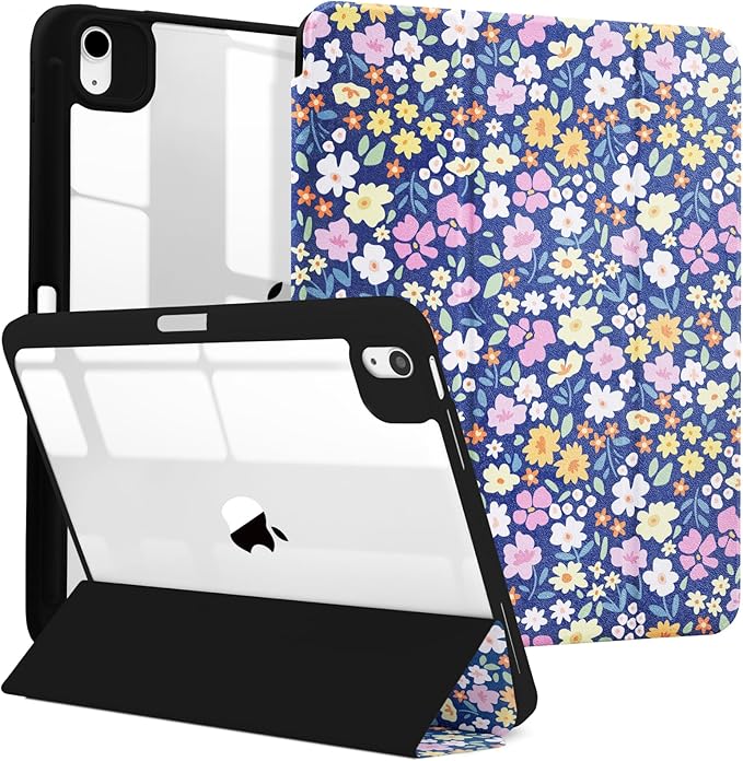 MrARTIST for iPad Air 11 Inch Case M3/M2 - Air 5th/4th Generation 10.9" Cute Women Girls Girly Kawaii Aesthetic Kawaii Design for Apple Air Tablet Cover with Pencil Holder, Blue Floral