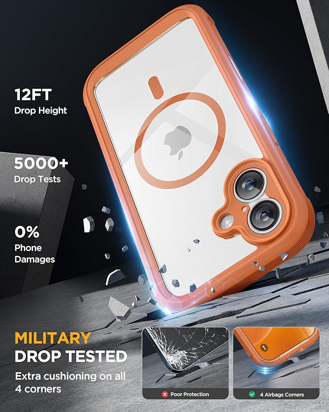 Miracase for iPhone 17 Case 6.3'', Full-Body Military Grade Drop Protection Outdoor Phone case with Built-in Glass Screen &Camera Control,Easy Installation,No Gap,Compatible with MagSafe, Orange