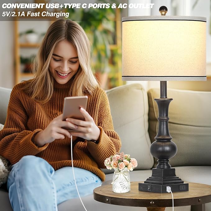 Lolikit Farmhouse Lamps Set of 2, Antique Vintage Rustic Touch Control Table Lamps with USB A+C Ports & AC Outlet, Retro Classic Bedside Nightstand Lamp for Living Room Bedroom Office Black