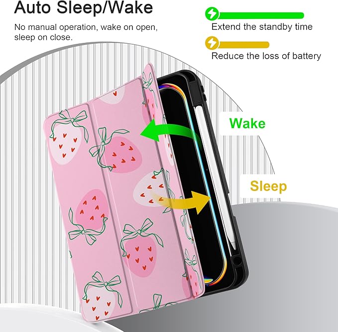 MEEgoodo Case for M5 iPad Pro 11 inch 2025/M4 iPad Pro 11 inch Case 2024, Tablet Cover with Trifold Stand & Pencil Holder & Auto Wake/Sleep & Soft TPU Back Cover, Strawberry & Bow