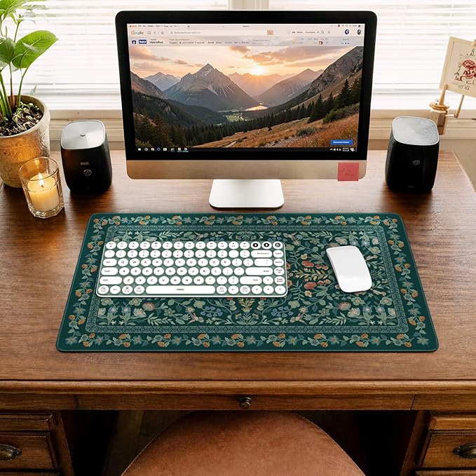 iCasso Green Aesthetic Flower Mouse pad for Laptop, Vintage Desk Matt for Desktop 13.7"x23.6", Anti-Slip Mousepad with Stitched Edges for Laptop Computer Keyboard(Deep Green)