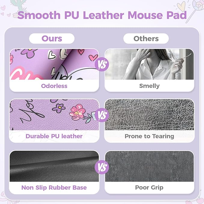 HAOCOO Purple Large Mouse Pad, Cute Leather Desk Matt for Women, Kawaii Desk Decor for Kids, Anti-Slip Rubber Mouse Pad for Girls, Computer Mat for Home Office Accessories