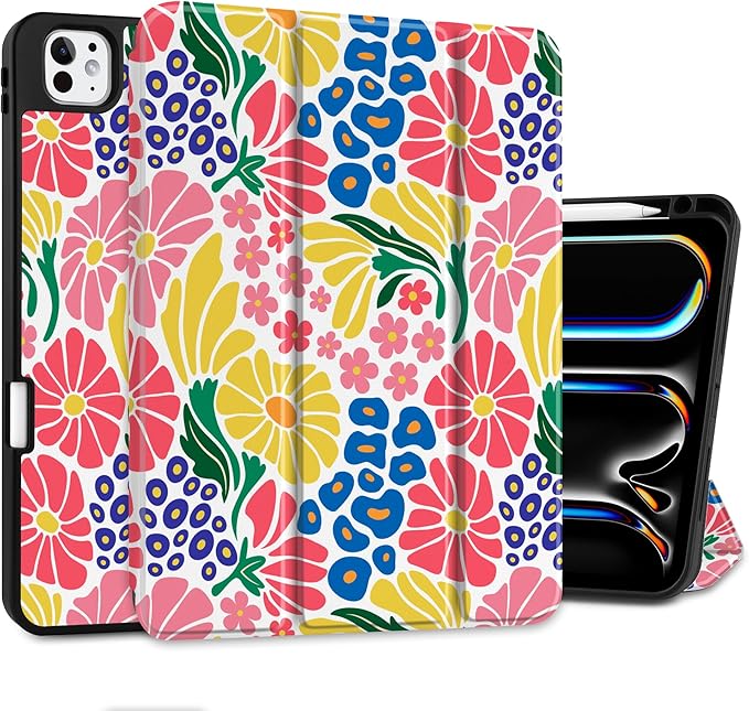 MEEgoodo Case for M5 iPad Pro 11 inch 2025/M4 iPad Pro 11 inch Case 2024, Tablet Cover with Trifold Stand & Pencil Holder & Auto Wake/Sleep & Soft TPU Back Cover, Groovy Flower