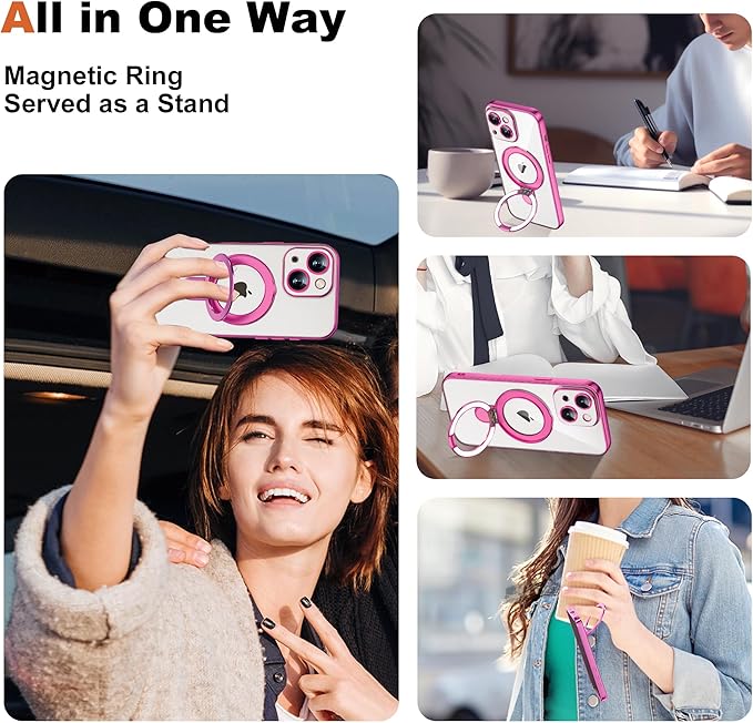 Compatible with iPhone 14 Case with Magnetic Ring Stand [Compatible with Mag-Safe] [Full Camera Lens Protector] Soft Plating Clear Phone Case for iPhone 14 6.1", Rose