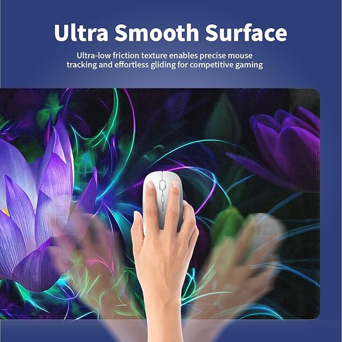 XXL Gaming Mouse Pad with Stitched Edges - Abstract Modern Neon Lotus Painting Purple Glowing Flowers Blossom, Smooth Cloth Surface Anti-Slip Rubber Base Large Desk Mat for Mice & Keyboard