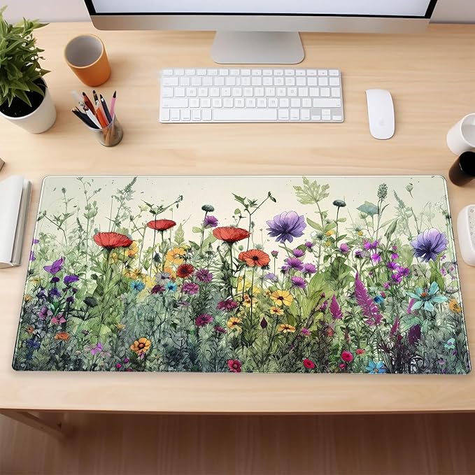Floral Desk Pad Mat Watercolor Flowers Desk Mat XL Large Gaming Mousepad Extended Aesthetics Laptop Computer Keyboard and Mouse Pad Office Desk Decor for Women 31.5 x 15.7 in