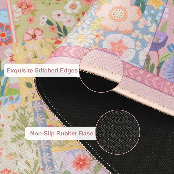 iCasso Pink Desk Mat for Keyboard and Mouse, Large Mouse Pad, Floral Desk Pad, Anti-Slip XXL Big Mousepad with Stitched Edges for Computer
