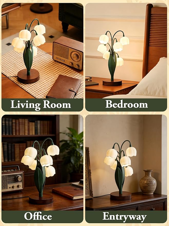 Flower Lamp,Bedside Vintage Table Lamps,6 Lily of The Valley Night Lights,3 Colors Modes Kawaii Aesthetic Lighting,Cute Desk Lamp for Bedroom,Living Room, Office Home Decor(Dark Green)