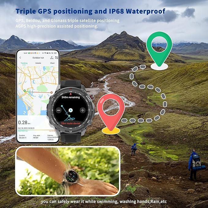Smart Watch for Men Women, Bluetooth Call, 1.43 Inch Touchscreen Fitness Tracker with Heart Rate, SpO2, Sleep Monitoring, Sports Smartwatch with GPS, Multiple Sport Modes, IP68 Waterproof