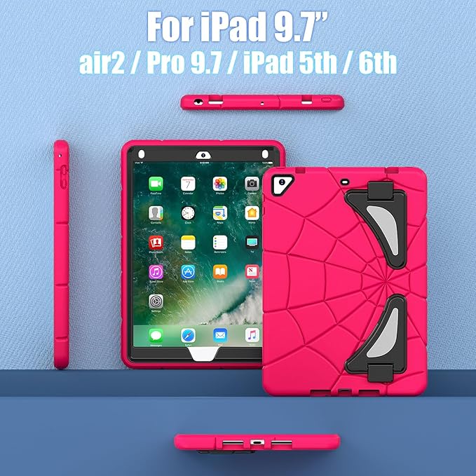 AKABEILA Compatible with Apple iPad 9.7 5th/6th(2017/2018)/Air 2/Pro 9.7 Tablet Case，Lightweight Shockproof Rugged Protective Cover with Kickstand for Kids Children Boys Babies Strawberry Black