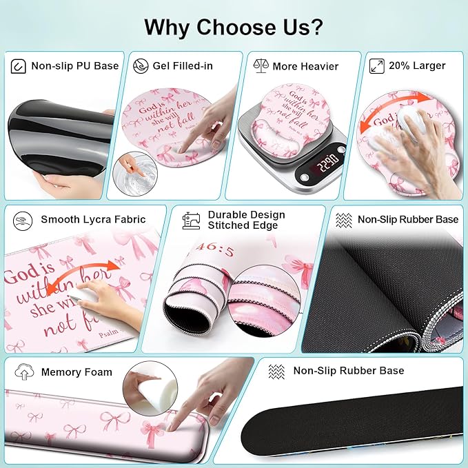 Mouse Pad + Desk Mat + Keyboard Wrist Rest + Coaster 4 in 1 Set, Cute Ergonomic Large Gaming Mousepad with Wrist Rest Support Desk Pad for Computer Laptop Office Home Decor-Pink Bow