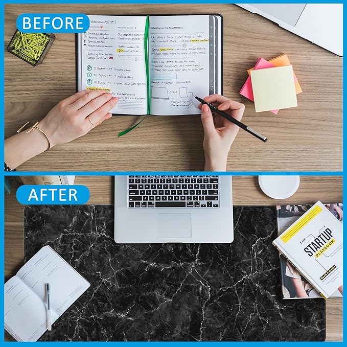 Black Marble Texture Desk Mat,Large Gaming Mouse Pad,Non-Slip Rubber Base Desk Pad with Stitched Edges for Desk Office Home Decor 35.4X15.7 Inch