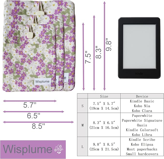 Padded eReader Sleeve Tablet Bag Pouch for Paperwhite, Colorsoft,Signature Edition, Voyage,Scribe/Kobo eReader,Floral Book Protector for Paperbacks and Small Hardcovers(Purple, Medium)