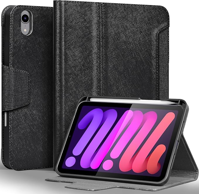 Gexmil Premium Leather Case for iPad mini 7 (A17 Pro) 2024 / iPad mini 6 Generation 2021 8.3 Inch,Pencil Holder, Magnetic Closure,Shockproof Cowhide Cover,Adjustable Stand,Palm-Print Black