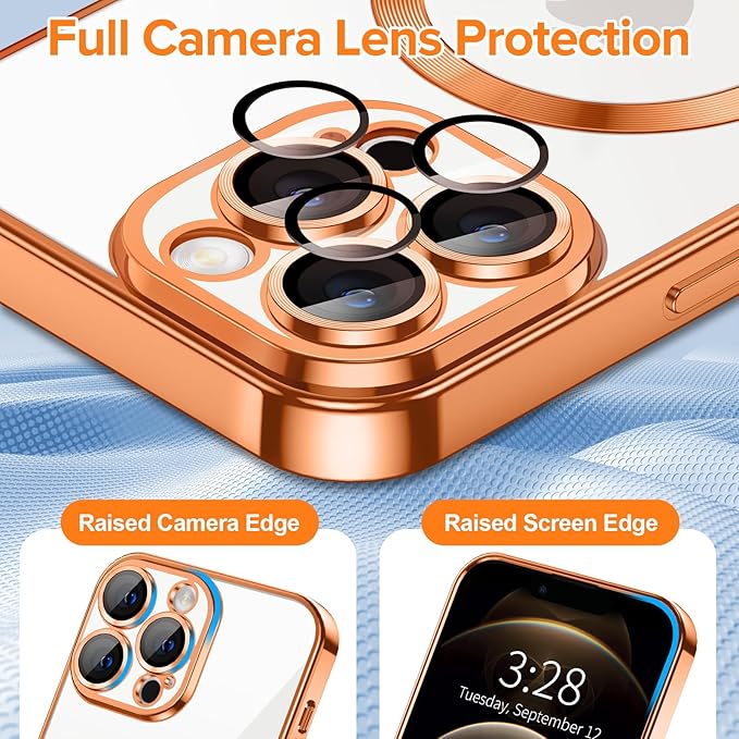 Hython Magnetic Clear for iPhone 12 Pro Max Case with Camera Lens Protector [Compatible with MagSafe] Plating Edge Slim Soft TPU Cover Protective Phone Case for iPhone 12 Pro Max 6.7", Orange