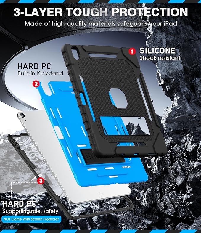 Grifobes Case for iPad Air 13-inch (M4/M3/M2) 2026/2025/2024, Heavy Duty Shockproof Rugged Protective Cover with Pencil Holder/Built-in Stand for i Pad Air 13" (Black+Blue)