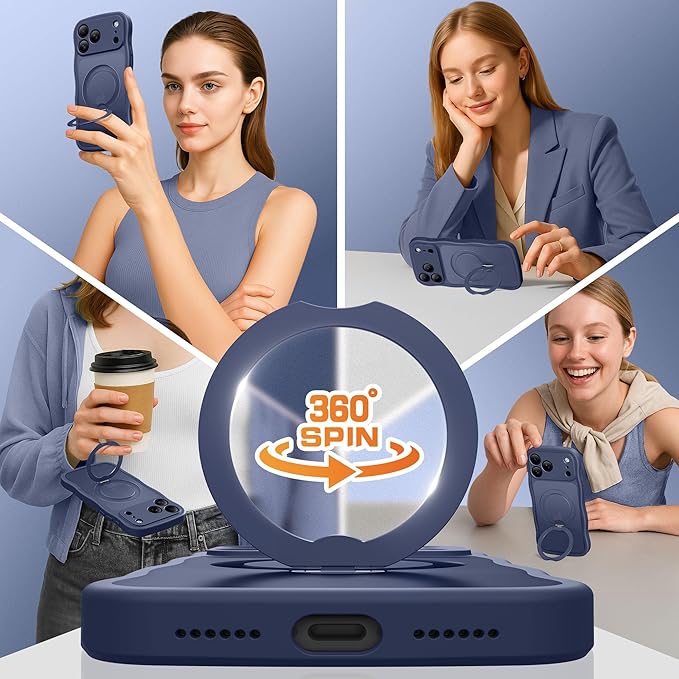 GolbinBox for iPhone 17 Pro Case for Women,[Compatible with Magsafe][360° Spin Magnetic Stand][Cute Wave Edge][Military-Grade Protection] Translucent Matte Phone Case for iPhone 17 Pro, Deep Blue
