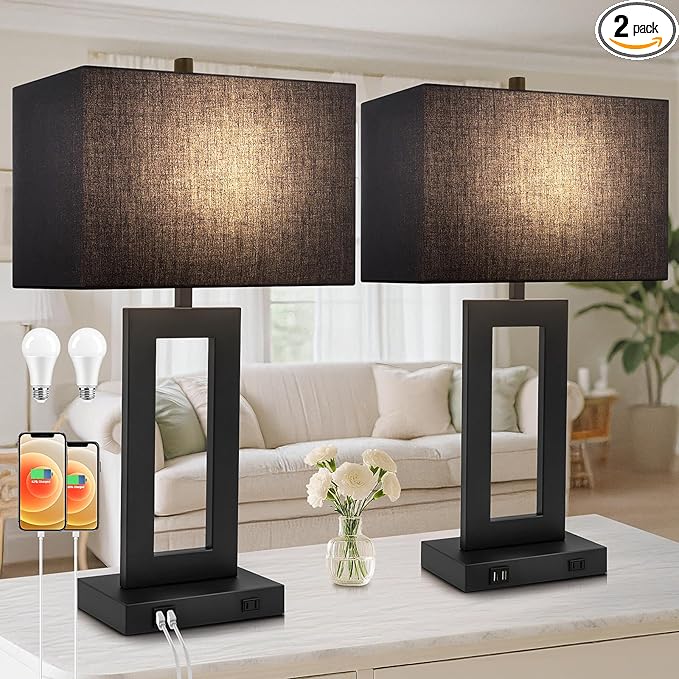 TOBUSA 28’’ Tall Black Lamps for Living Rooms Set of 2, Modern Touch Control Table Lamps for Bedroom, 3 Way Dimmable Bedside Lamps with 2 USB Ports&AC Outlet, High-end Decor Lamp for Home Office