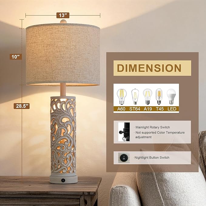 OYEARS 2-in-1 Light Table Lamp Set of 2 for Living Room, 28.5" Farmhouse Bedside Lamps with USB Charging Port, Main&Night Light & Dual Switches, Nightstand Lamp for Bedroom Home Office(Bulb Included)