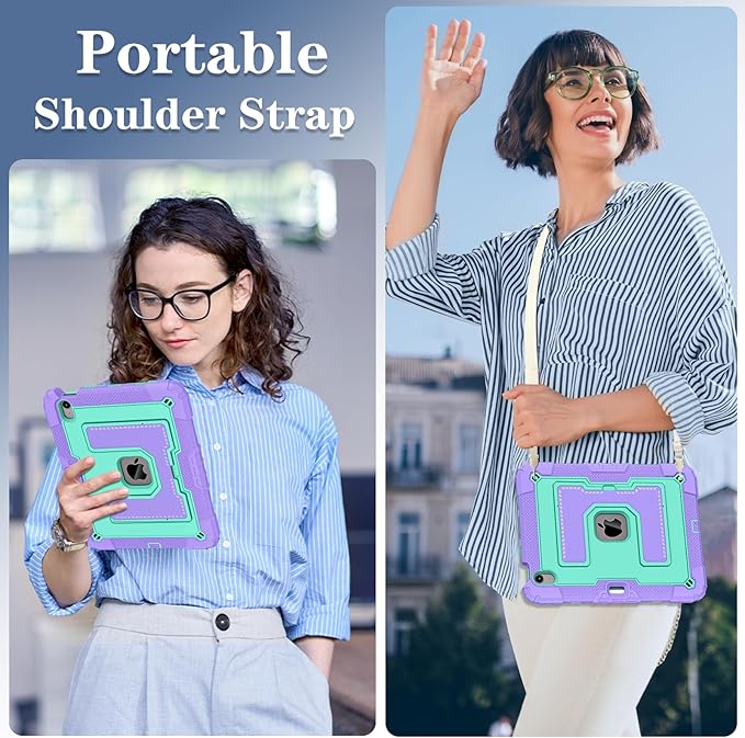 Kids Friendly Case for iPad Air 11 Inch M4 M3 M2 2026/2025/2024 Case with Pencil Holder & Shoulder Strap, Military Grade Shockproof Kickstand Hard Shell Protective Cover,Purple+Mint