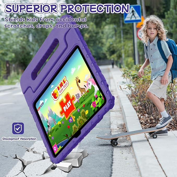 Kids Case for iPad A16 11th (2025)/iPad 10th Gen (2022) with Pencil Holder & Handle Stand, Super Protection EVA Toddler-Friendly Cover for iPad 11"(A16)/iPad 10th Generation 10.9"-Purple