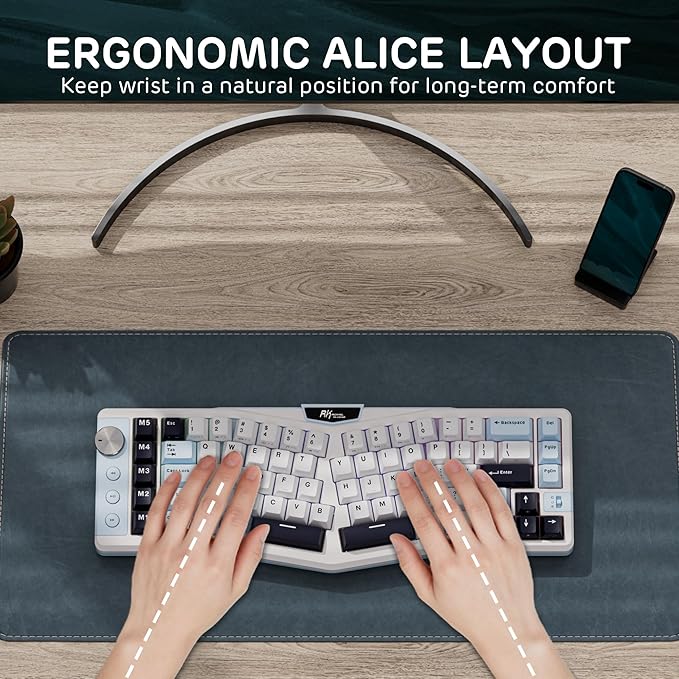 RK ROYAL KLUDGE A72 Alice Ergonomic Wireless Mechanical Keyboard w/Knob/Macro Keys/Touchable Nameplate, Tri-Mode 68% 72-Key Gasket Keyboard BT/2.4G/USB-C, Hot Swap, Win/Mac Software, 7500mAh Battery