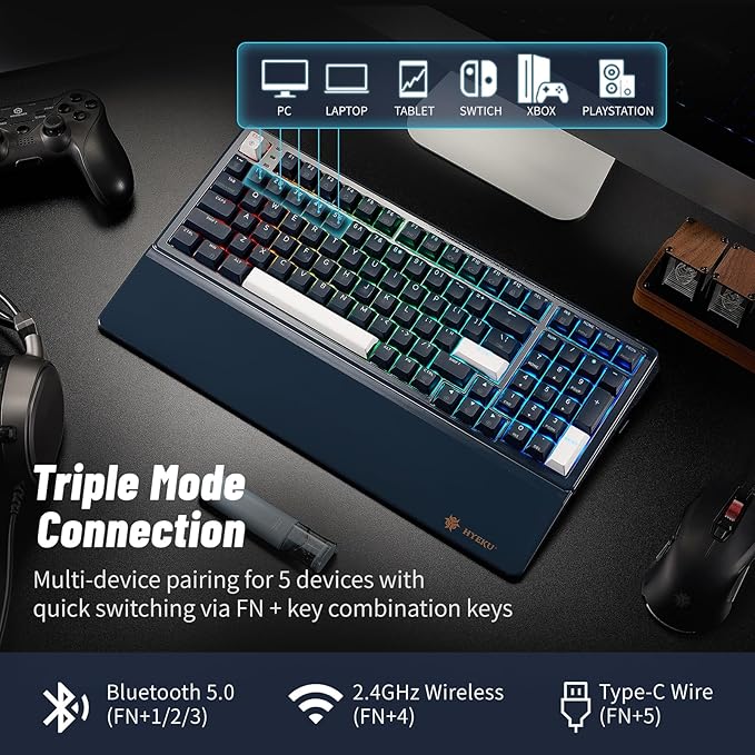 Hexgears Wireless Mechanical Keyboard with Wrist Rest,Tri-Mode BT5.0/2.4GHz/USB-C Hot Swappable Custom Keyboard,Pre-lubed Linear Switches,RGB Backlit Computer Gaming Keyboards for PC/Tablet/PS/Xbox
