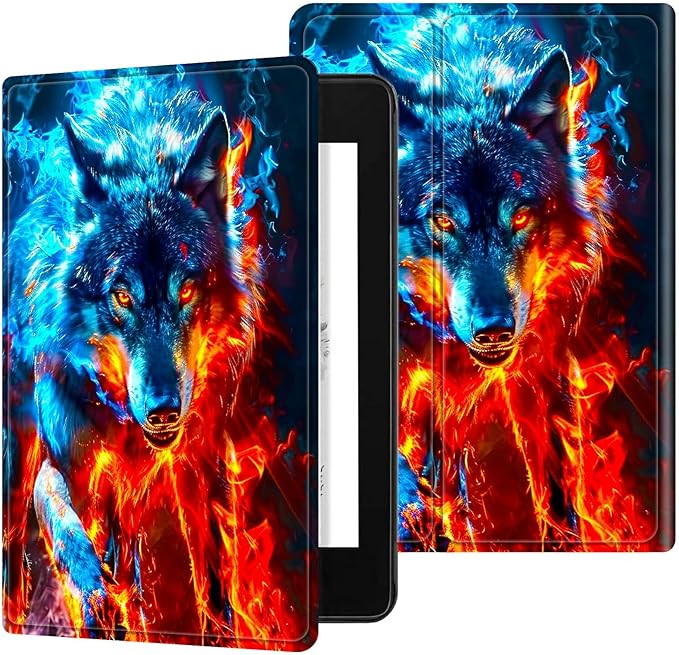 for 6.8" Kindle Paperwhite (11th Generation 2021) and Kindle Paperwhite Signature Edition Case, Slim Kickstand Stand Leather Smart Cover with Auto Wake/Sleep, Red Blue Flaming Wolf