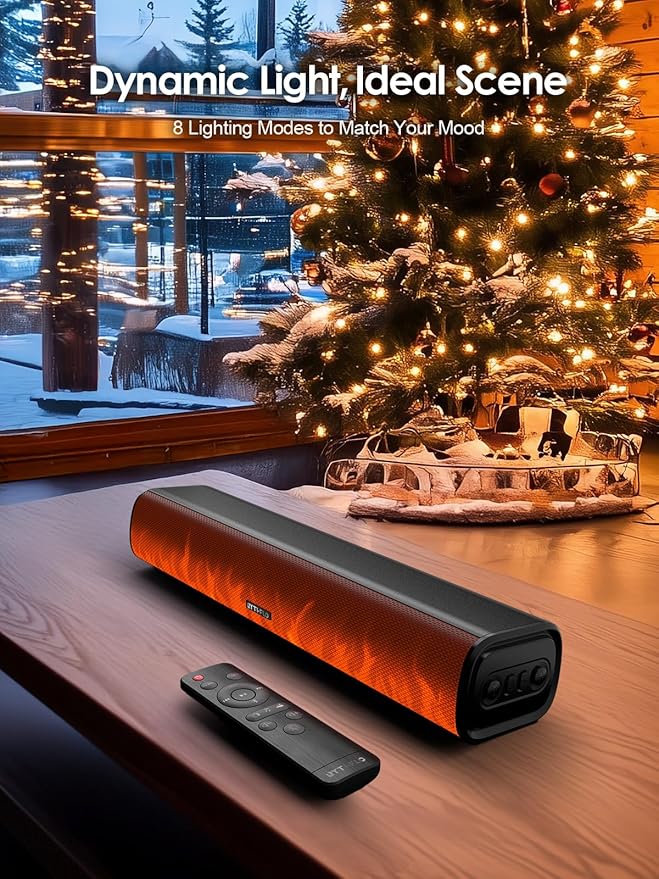 Rythflo 60W Bluetooth Sound Bar, 16 inch Compact TV Soundbar with Remote, 8 Flame Light Modes, Optical/ARC/AUX/RCA Connections, Wall-Mountable Home Theater Speaker for TV, PC, Projector, Gaming