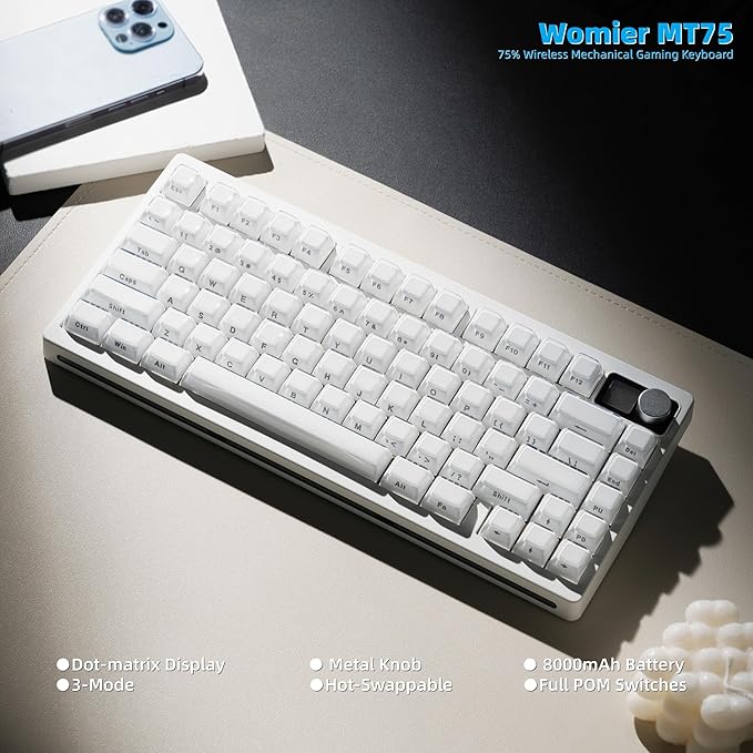 Womier 75% Wireless Mechanical Gaming Keyboard with Knob & Dot-matrix Display Bluetooth5.0/2.4GHz/USB C Thocky Creamy Keyboard for PC Computer, 8000mAh Battery Jelly key board for Win/Mac (MT75-White)