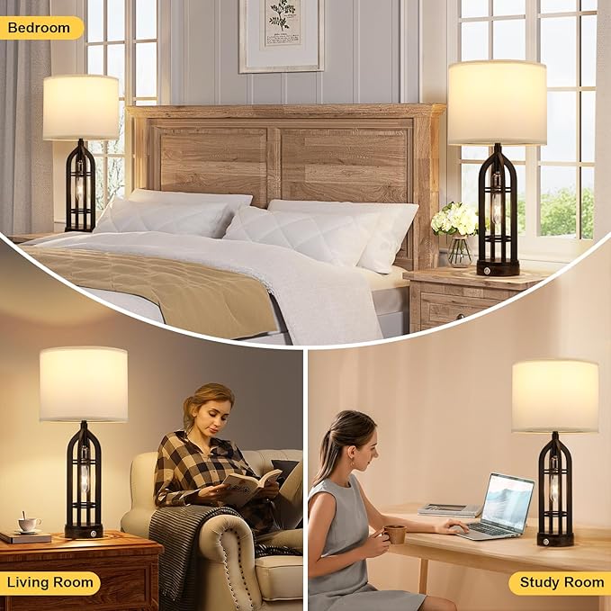 Seealle Table Lamp for Living Room Set of 2 - Bedside Lamp for Bedroom with USB C+A & Outlet, Farmhouse Lamps for Night Stands, 3-Way Dimmable Touch Lamps for Living Room with White Shade