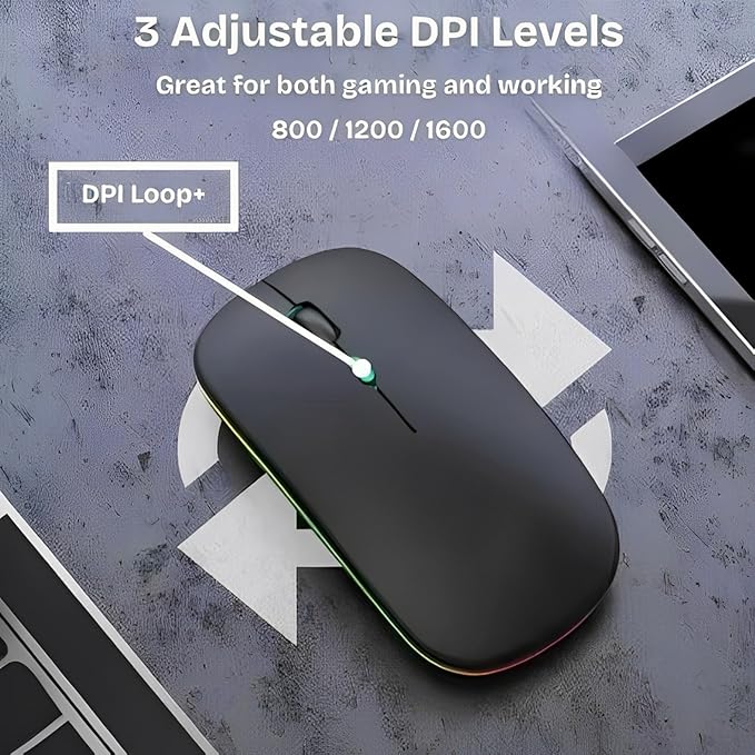 Wireless Mouse for Laptop & PC – Magic, Bluetooth, Rechargeable USB-C, Slim Design with RGB Backlight, Dual Mode 2.4GHz for MacBook, iPad (Jet Black)