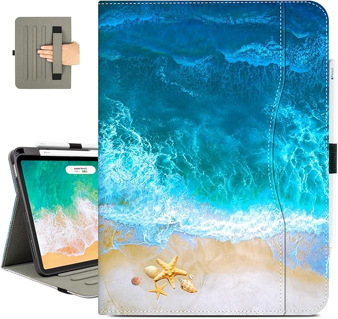 Vimorco for iPad Pro 11-inch Case M5/M4 2025/2024, for iPad Pro Case 11 Inch M5/M4 Pencil Holder/Hand Strap/Pocket/Screen Protection Band, 3 Adjustable Angles, Auto Sleep/Wake, Beach Blue Ocean