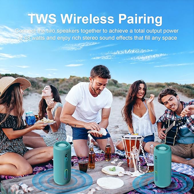 Bluetooth Bass Speaker 24W Loud Stereo Sound, Deep Bass, TWS Pairing, IPX7 Waterproof Dustproof,12H Playtime, RGB Light, Bluetooth Speakers Outdoor for Travel, Sport, Party, Biking (Teal)