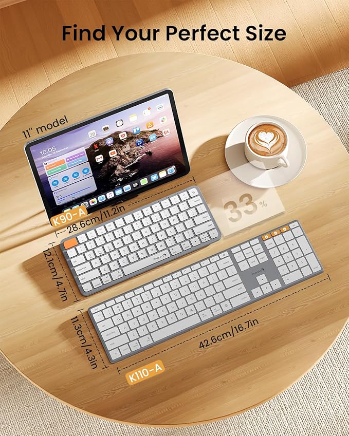 ProtoArc Bluetooth Keyboard for iPad, K90-A Backlit Compact Wireless Keyboard for Mac, Multi-Device, Low Profile, Rechargeable, Compatible with MacBook Pro/Air/Neo, Not for Windows - White Silver