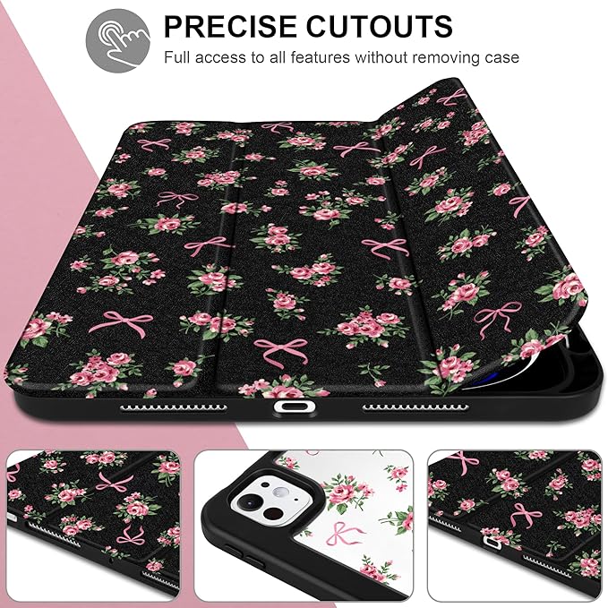 Case for iPad Pro 11 inch (M5) 2025 (M4) 2024 Release Slim Lightweight Cute Leather Black Cover with Clear Back TPU Edge Pencil Holder Trifold Stand, Roses