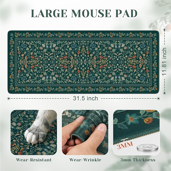 iCasso Aesthetic Floral Desk Mat, L Mouse Pads, Anti-Slip Retro Mousepad with Stitched Edges, Waterproof Computer Pad 11.8"x31.5", Desk Accessories Office Decor for Women(Deep Green)