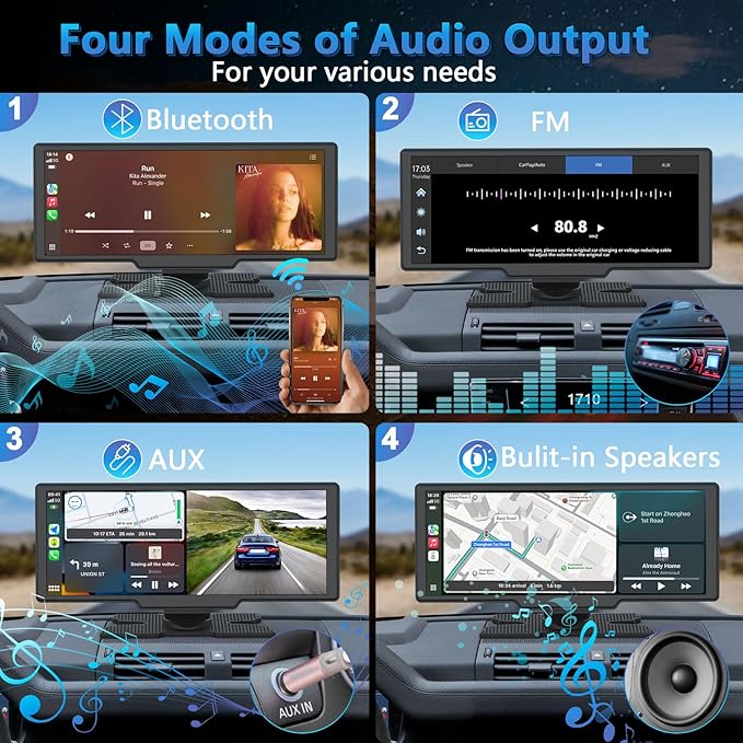 Portable Wireless Carplay Screen with Dashcam - Lehwey 10.26 Inch Car Play Tablet with 4K Front Dash Cam & 1080P Rearview Backup Camera, Bluetooth 5.0, FM, Voice Assistant, with 64GB TF Card