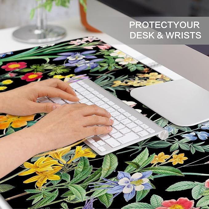 Lokigo Black Flower Desk Mat Floral Plants Mouse Pad, Wildflowers Large Gaming Mousepad Desk Pad, XXL Keyboard MouseMat Full Desktop Mat Women Office Accessories 31.5"x15.7"