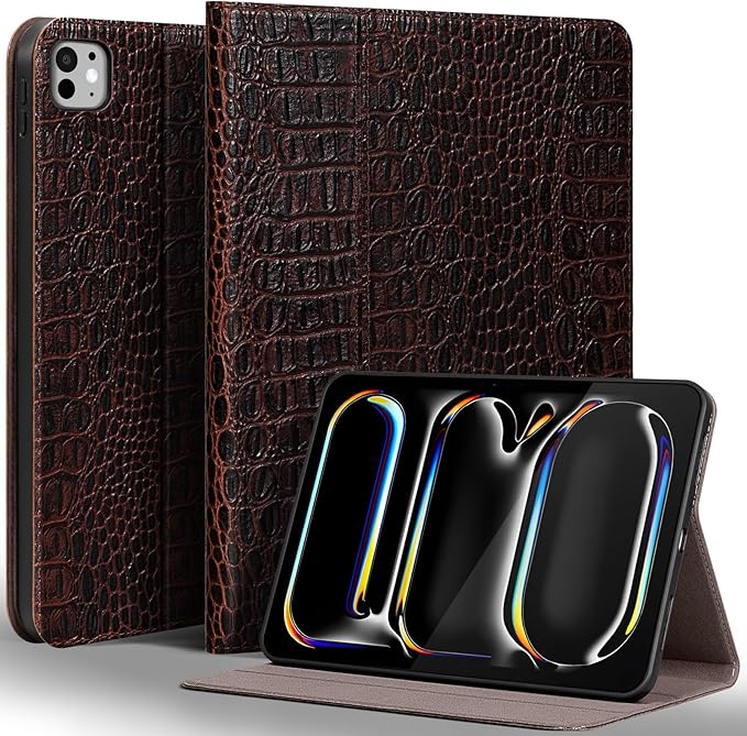 Gexmil Genuine Leather Case for iPad Pro 11 Inch (M5/M4) 2025/2024 with Pencil Holder,Protective Shockproof Leather Smart Folio Cover Adjustable Stand Auto Sleep/Wake Anti-Slip,Brown Crocodile