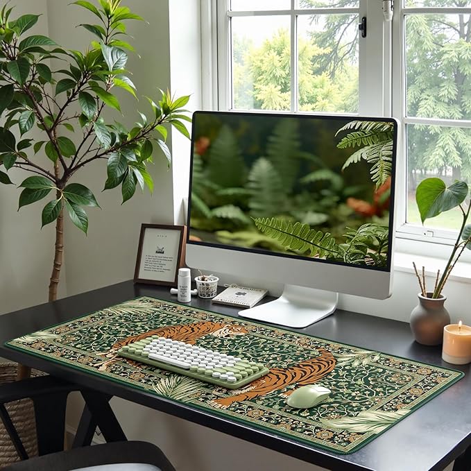 HAOCOO Large Gaming Mouse Pad, Desk Protector Mat with Stitched Edges, Non-Slip Keyboard and Mouse Pad, 35.4" x 15.7" Green Desk mat for Gamer, Water Resistant Mouse Pad Work from Home