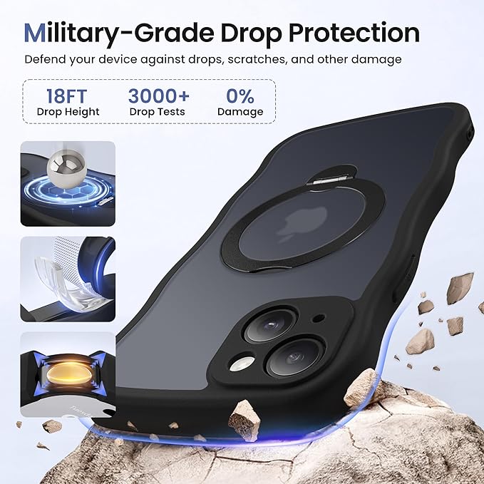 CAPRARO for iPhone 15 Case with 360° Spin Magnetic Stand for Women, [Compatible with MagSafe] [Full Camera Protection] Cute Wave Translucent Matte Case for iPhone 15, Black