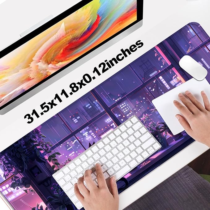 Japanese Anime Cute Cat and Plant Gaming Desk Mat, Computer Keyboard Large Extended Kawaii Animal Mouse Pad for Office and Home, 31.5×11.8 Inches, XL, Purple