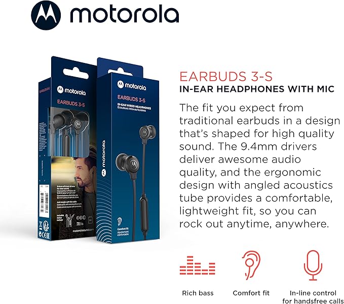 Motorola Earbuds 3-S Wired Earbuds with Microphone - Corded in-Ear Headphones, Comfortable Lightweight Silicone Ear Buds, Non-Tangle Flat Cable, 9.4mm Drivers Clear Bass Sound - Black